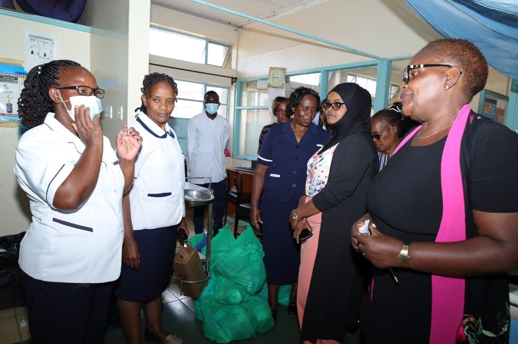 CEC Gender kirinyaga County Millicent Ngari and CO Gender Sheila Mwangi brief the Kerugoya General Hospital staff before they embarked on a GBV awareness campaign to mark IWD 2023